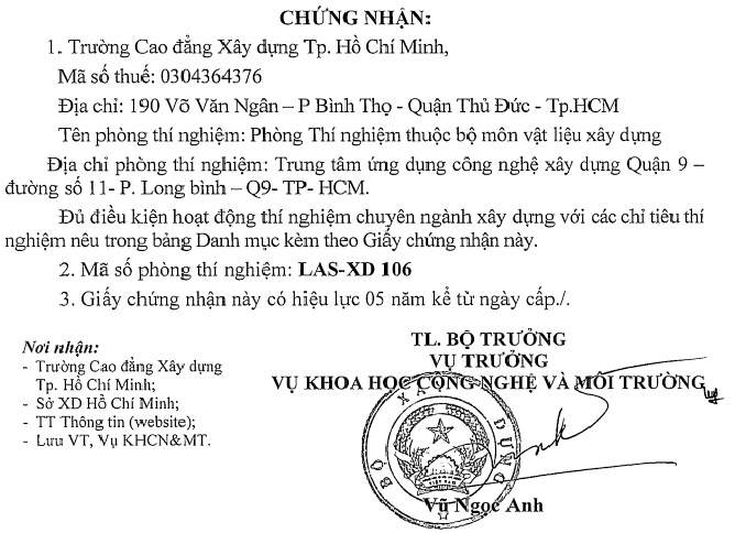 Giấy chứng nhận đủ điều kiện hoạt động thí nghiệm chuyên ngành Xây dựng của Trường Cao đẳng Xây dựng Tp. Hồ Chí Minh